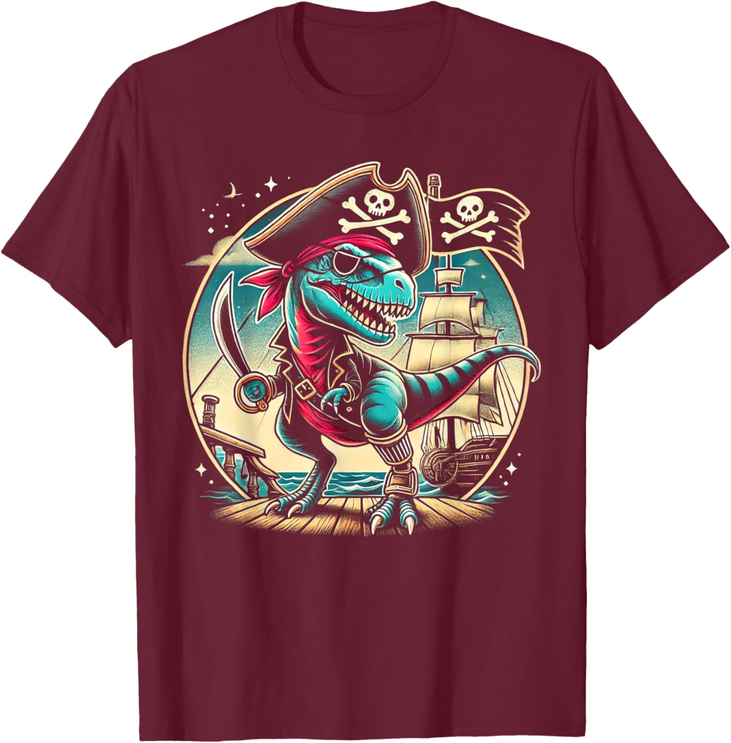 Pirate Dinosaur Tyrannosaurus Funny T-rex Halloween Costume T-Shirt - T-Shirt | Maroon