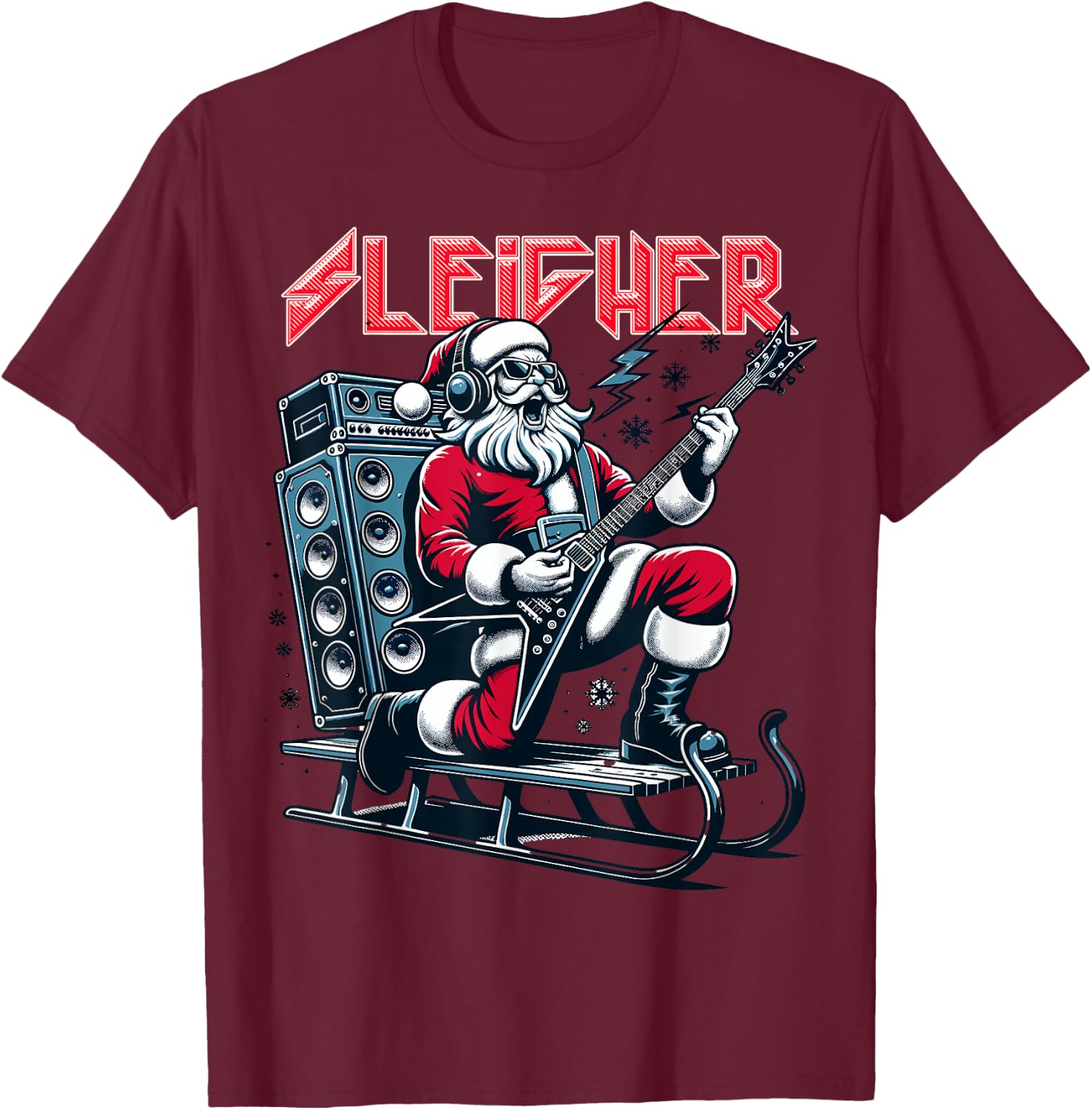 Sleigher Hail Santa Heavy Metal Christmas Rock Xmas Art T-Shirt - T-Shirt | Maroon