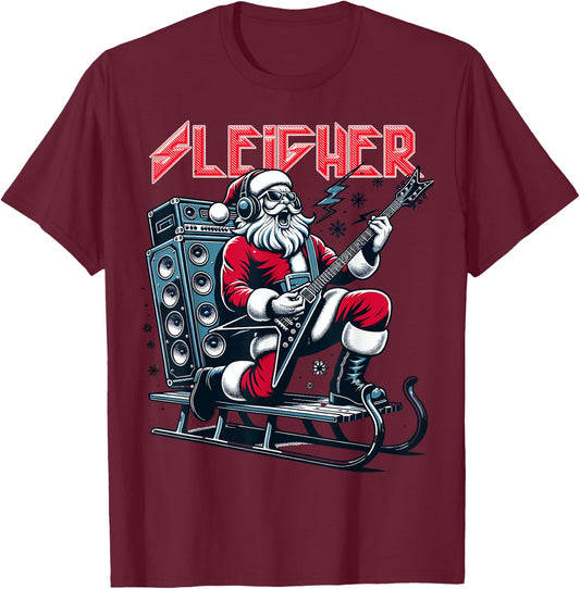 Sleigher Hail Santa Heavy Metal Christmas Rock Xmas Art T-Shirt - T-Shirt | Maroon