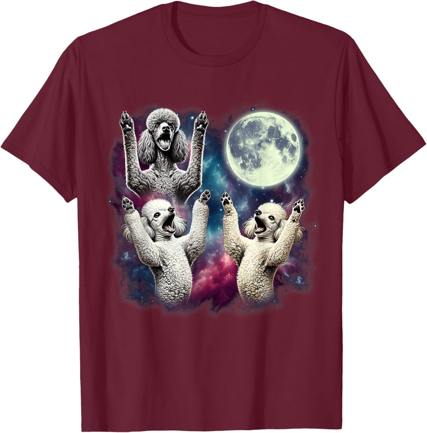 Three Poodles Howling at Moon Funny Weird Cursed Meme T-Shirt - T-Shirt | Maroon