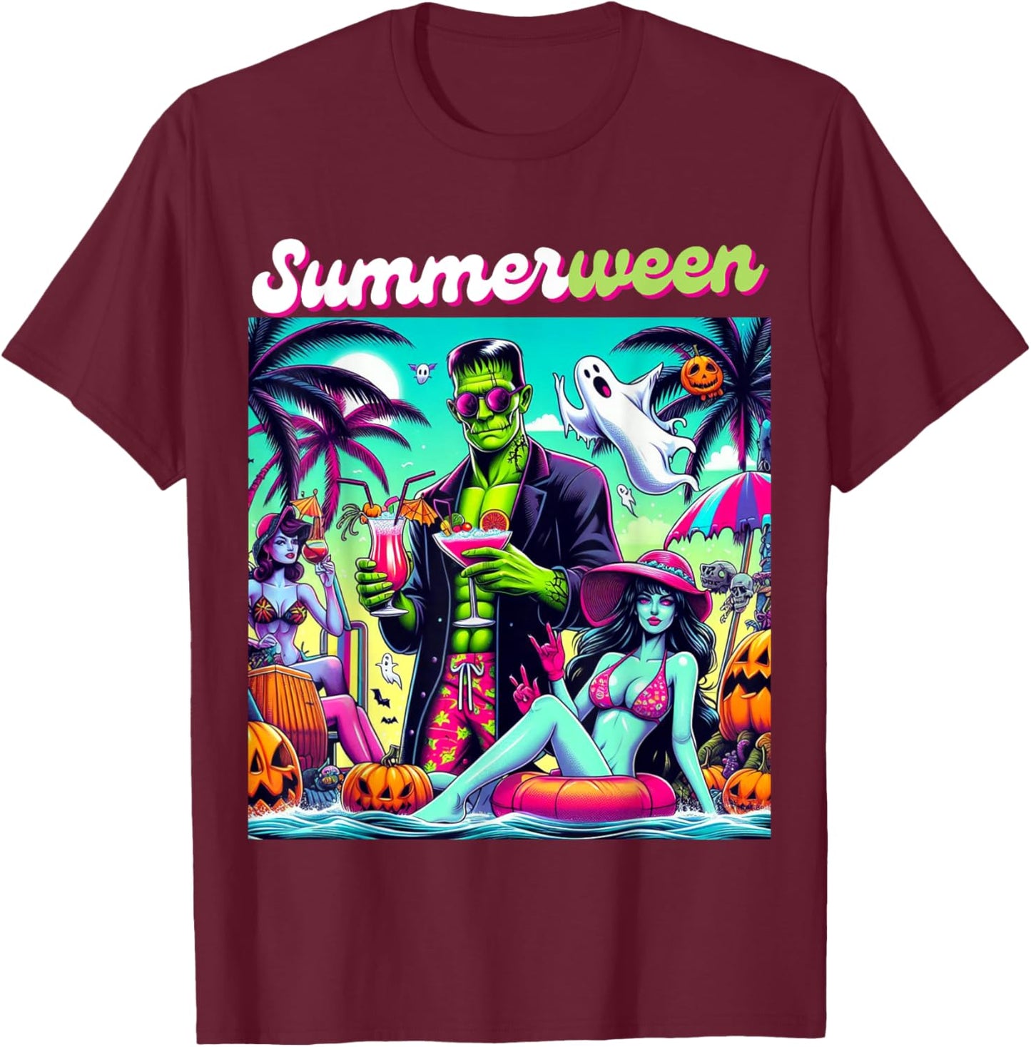 Happy Summerween Summer Halloween Holiday Beach Vibes Spooky T-Shirt - T-Shirt | Maroon