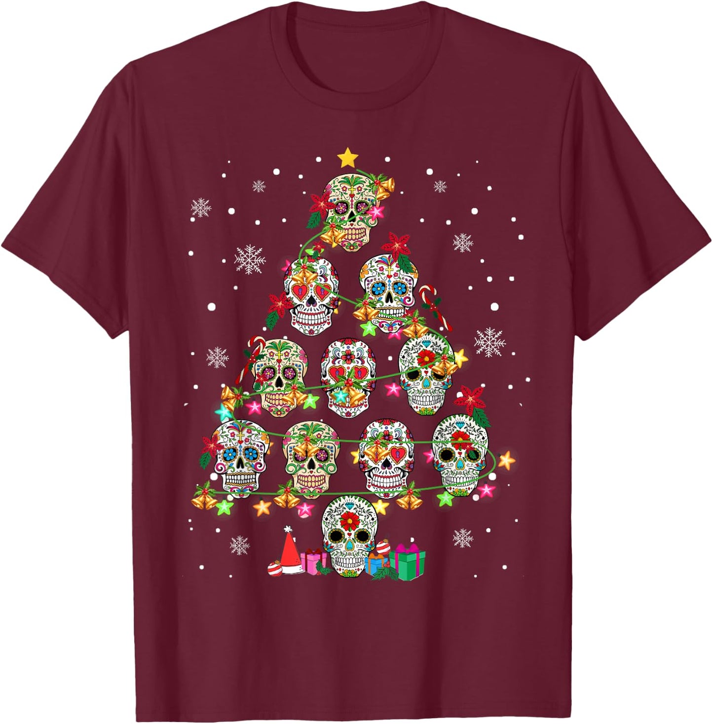 Skull Christmas Tree Funny Mexican Flower Sugar Skull T-Shirt - T-Shirt | Maroon