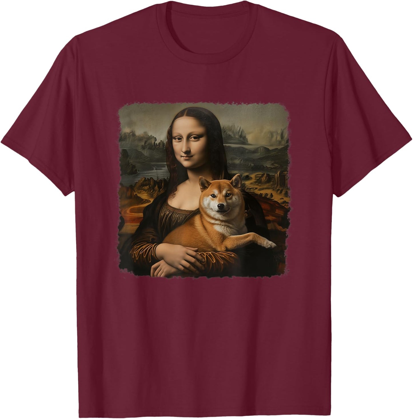 Mona Lisa With with Dog Funny Shiba Inu Art Painting T-Shirt - T-Shirt | Maroon