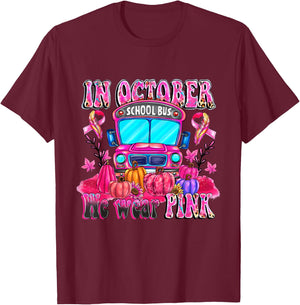 In October We Wear Pink School Bus Halloween Skeleton Outfit T-Shirt - T-Shirt | Maroon