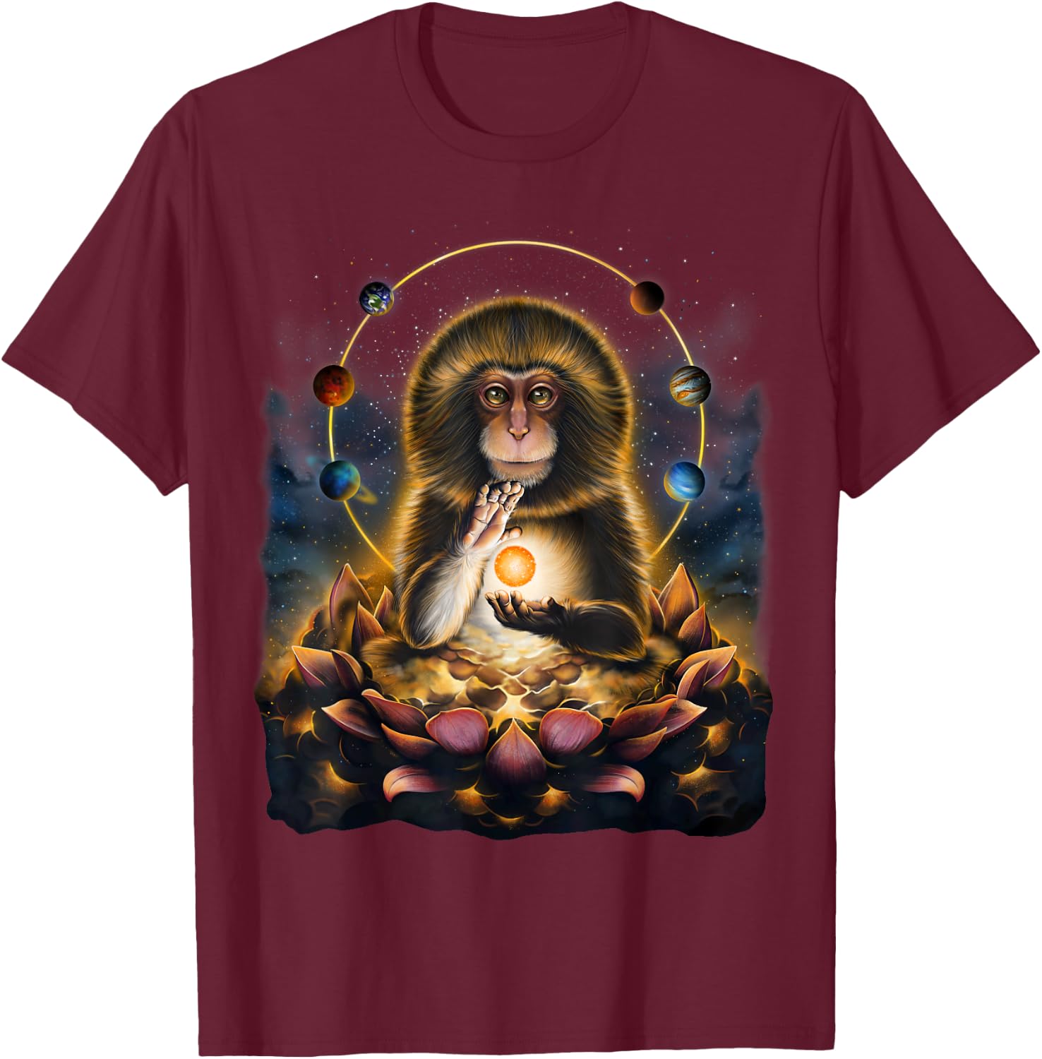 Celestial Monkey Holding Sun Surrounded by Planets and Lotus T-Shirt - T-Shirt | Maroon