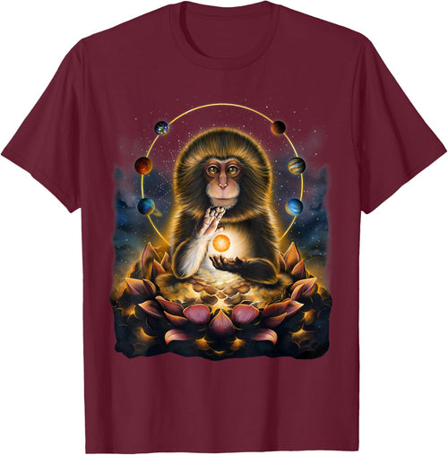 Celestial Monkey Holding Sun Surrounded by Planets and Lotus