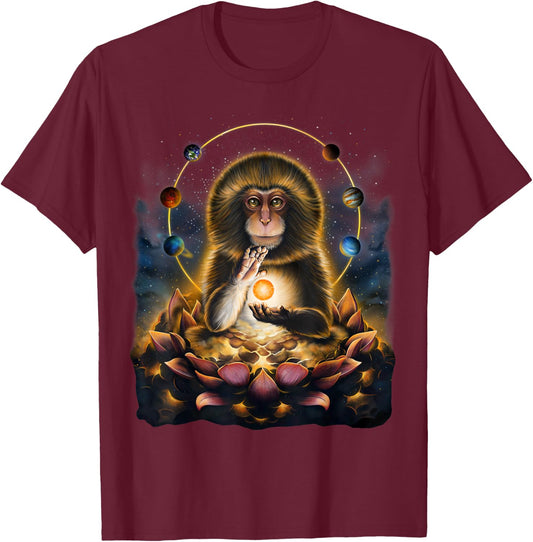 Celestial Monkey Holding Sun Surrounded by Planets and Lotus T-Shirt - T-Shirt | Maroon