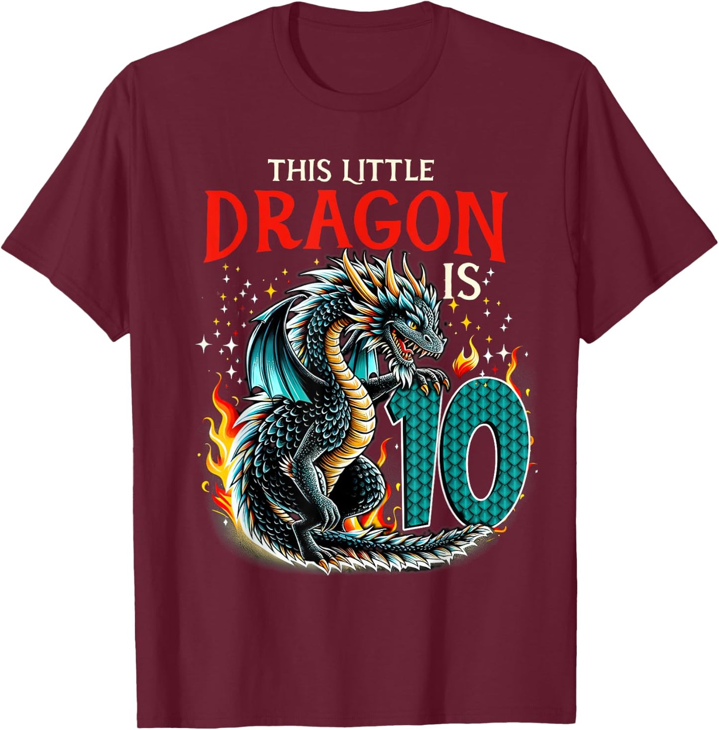 Turning 10 Year Old Birthday Boy Dragon 10th Bday Girl T-Shirt - T-Shirt | Maroon
