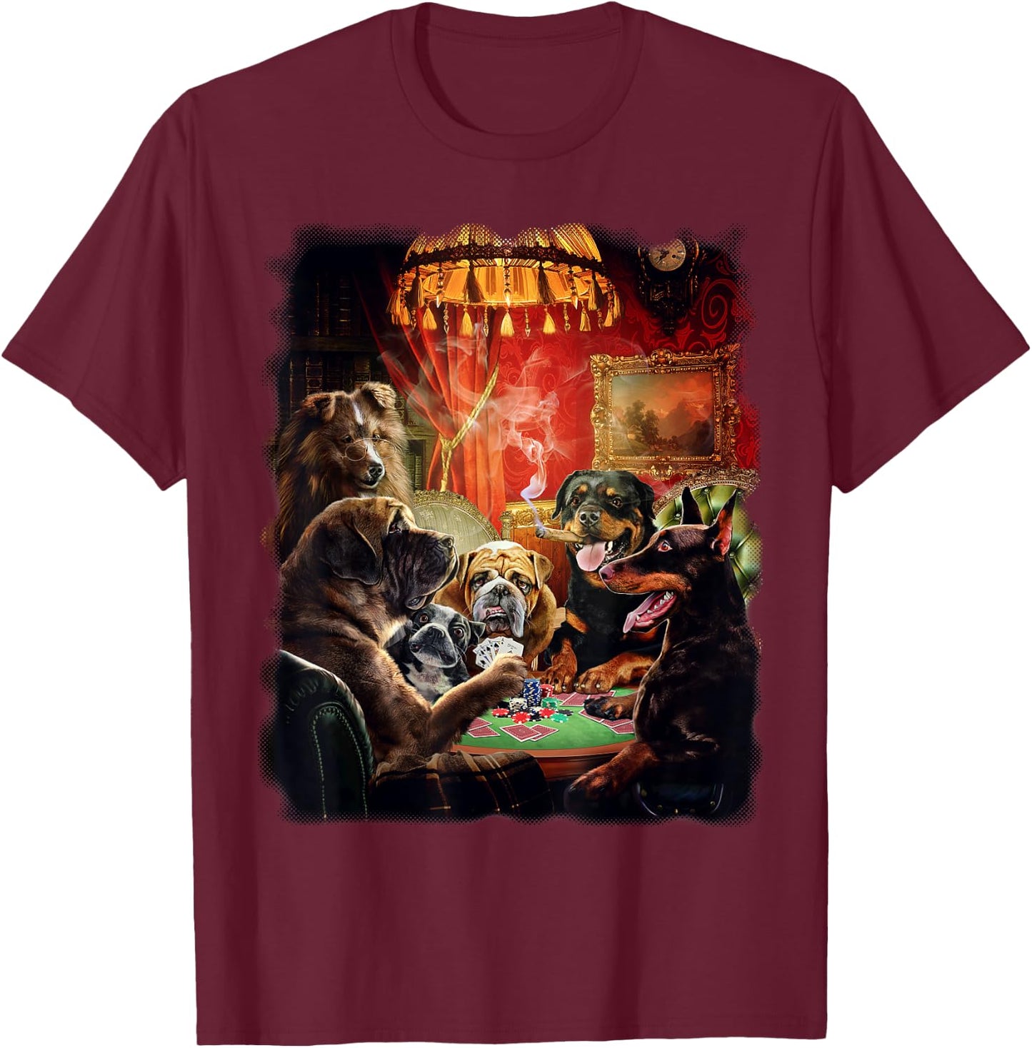Fox Republic Design Men's Dog Playing Poker , Black, Short Sleeve, , Classic Fit, Modern Style, Cartoon Pattern, Casual, All Seasons, Adult Men T-Shirt - T-Shirt | Maroon