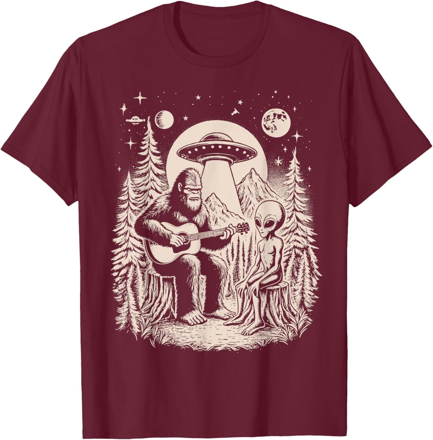 Funny Big Foot Alien Spaceship Big Foot Sasquatch Ape Guitar T-Shirt - T-Shirt | Maroon
