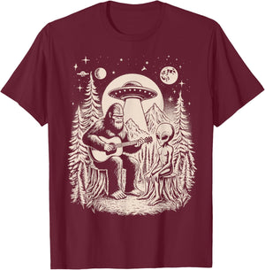 Funny Big Foot Alien Spaceship Big Foot Sasquatch Ape Guitar T-Shirt - T-Shirt | Maroon