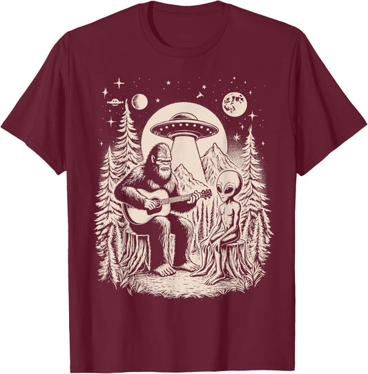 Funny Big Foot Alien Spaceship Big Foot Sasquatch Ape Guitar T-Shirt - T-Shirt | Maroon