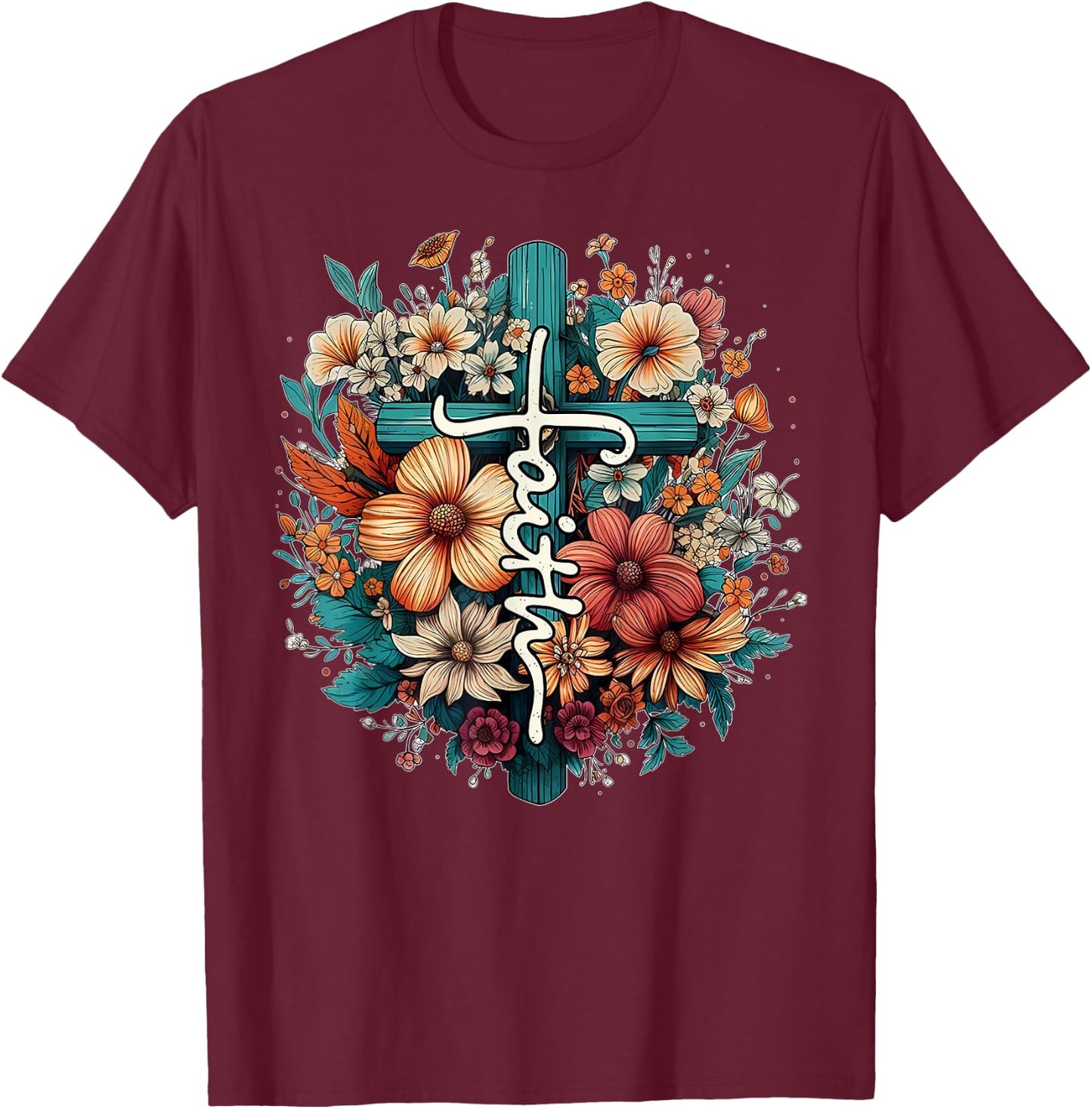 Retro Floral Christian Butterfly Faith Cross Vintage Faith T-Shirt - T-Shirt | Maroon
