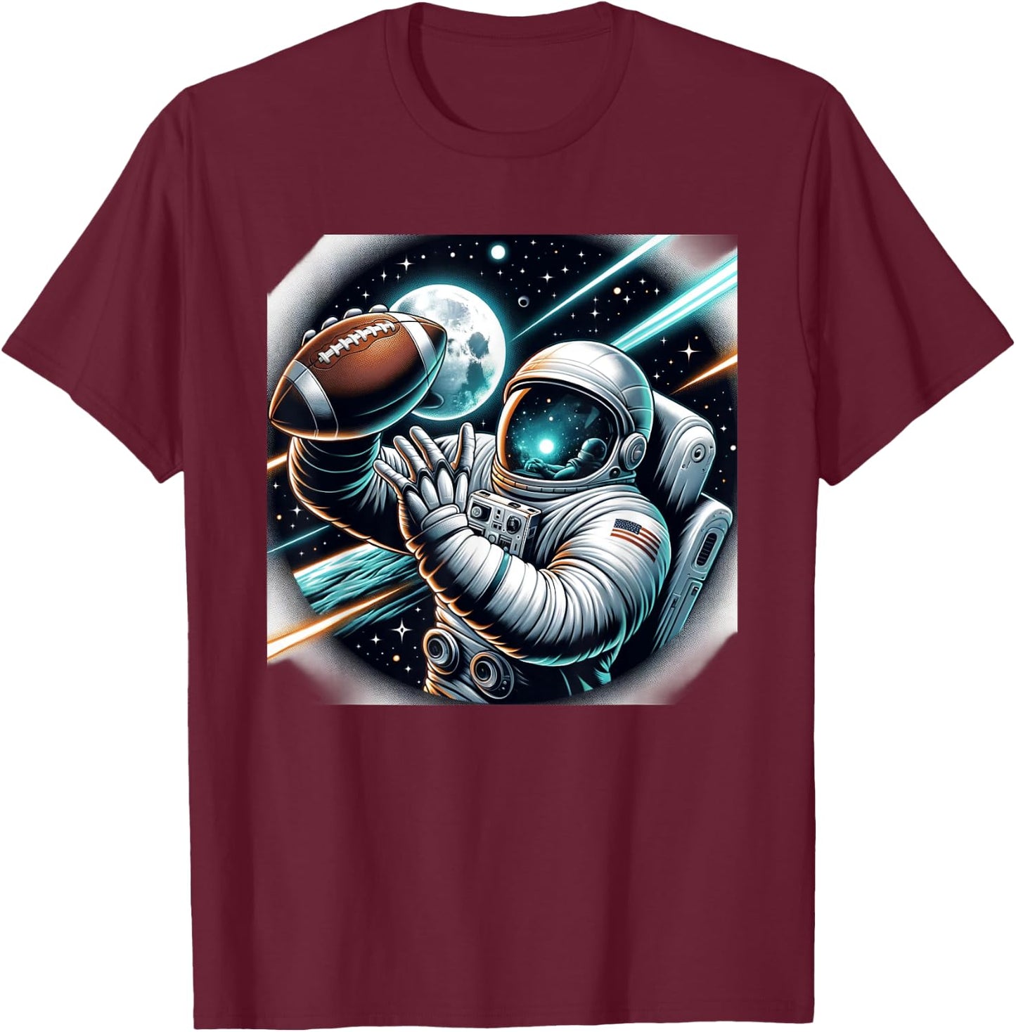 Astronaut Playing Football In Space T-Shirt - T-Shirt | Maroon