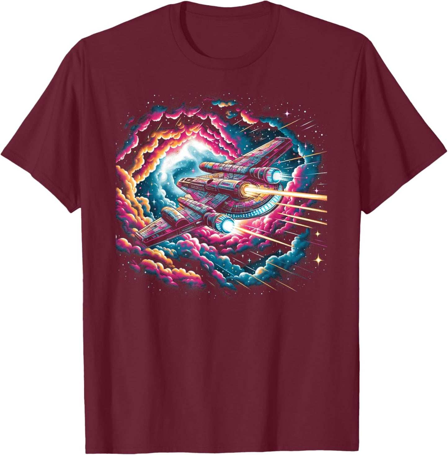 Spaceship Flying Through Galaxy T-Shirt - T-Shirt | Maroon
