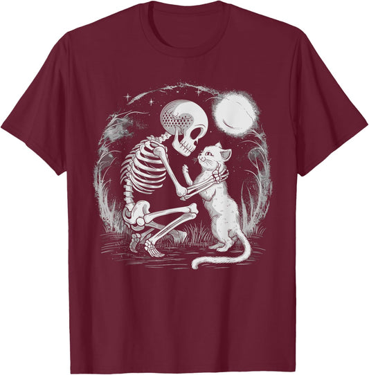 Skeleton Cat Skull Kitty Cute Goth Halloween Costume Women Kids T-Shirt - T-Shirt | Maroon