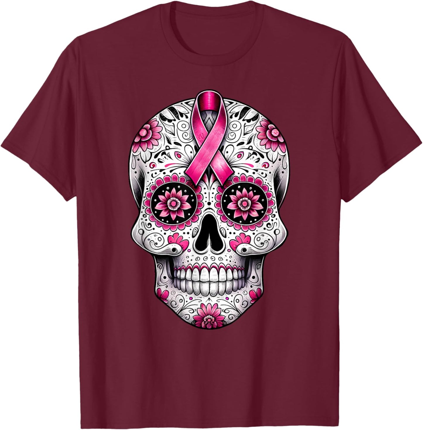 Pink Ribbon Sugar Skull Calavera Breast Cancer Awareness T-Shirt - T-Shirt | Maroon