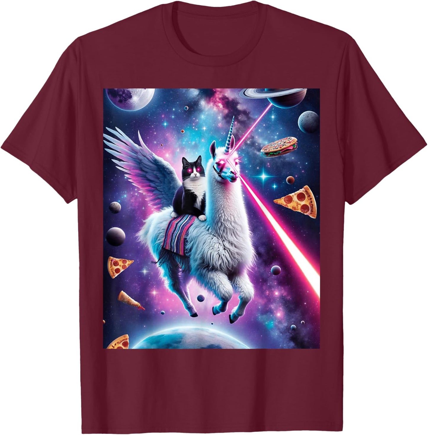 Laser Eyes Outer Space Cat Riding Llama Unicorn Ufo Tacos T-Shirt - T-Shirt | Maroon