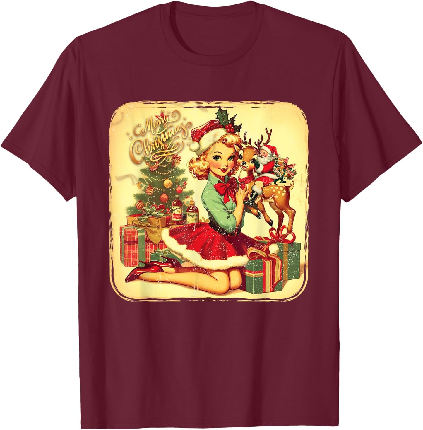 Vintage Pin Up Little Girl Reindeer Retro 1950S Christmas T-Shirt - T-Shirt | Maroon