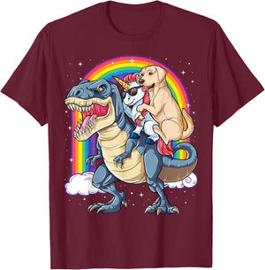 Labrador Unicorn Riding Dinosaur T-rex Girls Kids Rainbow T-Shirt - T-Shirt | Maroon