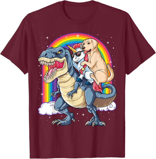 Labrador Unicorn Riding Dinosaur T-rex Girls Kids Rainbow T-Shirt - T-Shirt | Maroon