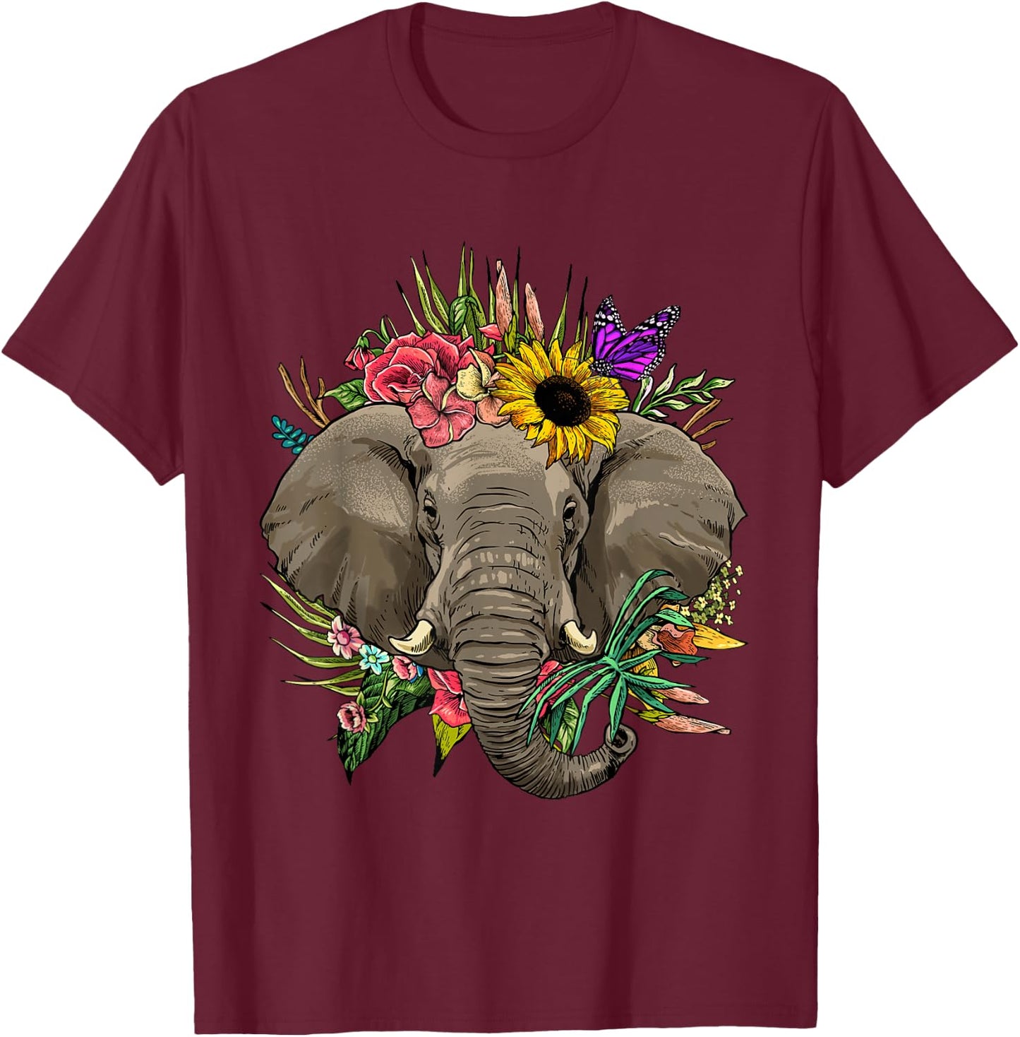 Wowsome! Elephant Floral Animal Face Elephant Lovers -Adults T-Shirt - T-Shirt | Maroon