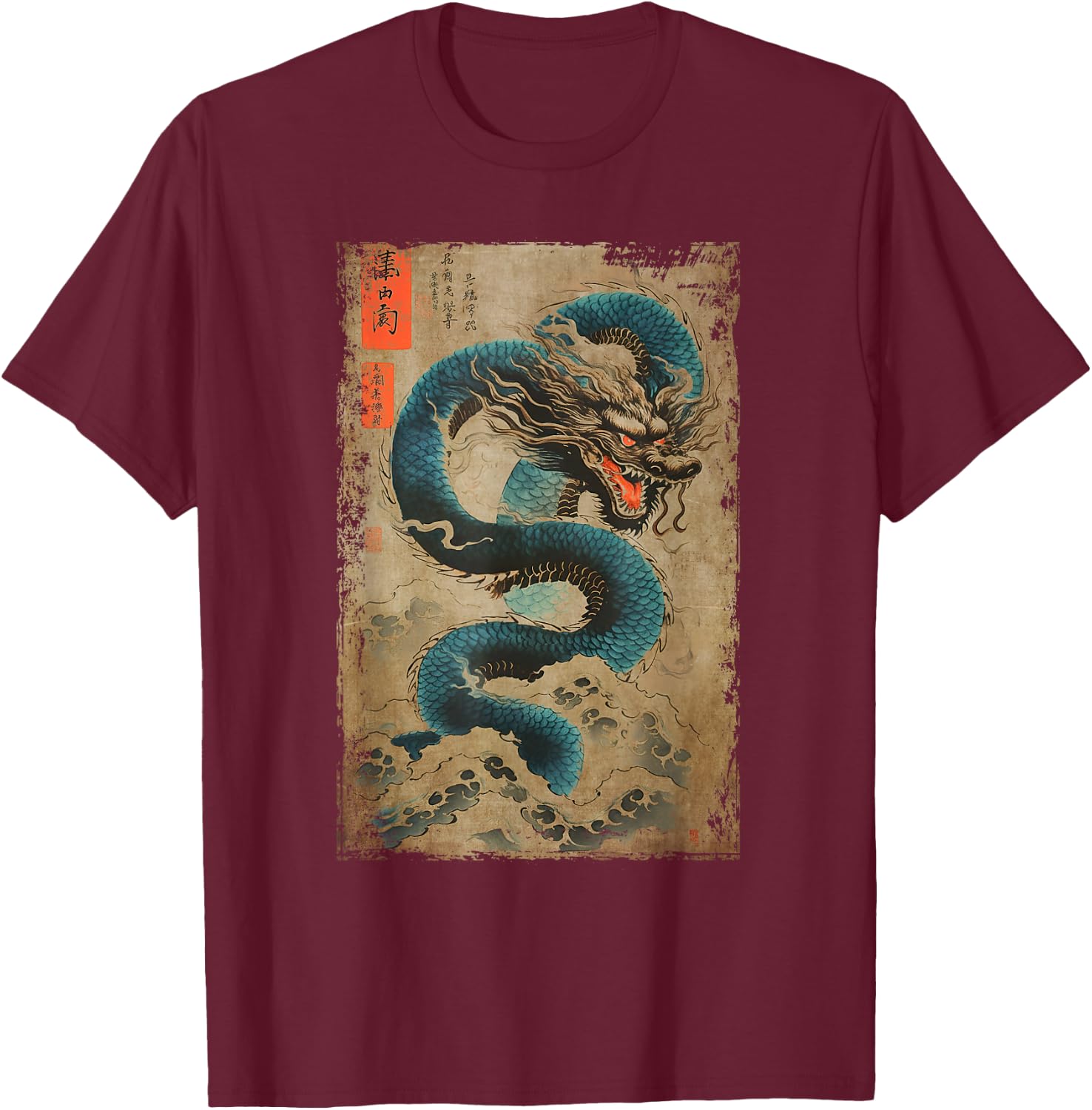 Japanese Dragon and The Great Wave off Kanagawa Woodblock T-Shirt - T-Shirt | Maroon