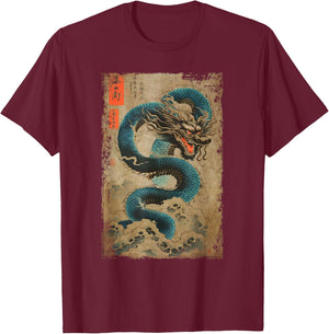 Japanese Dragon and The Great Wave off Kanagawa Woodblock T-Shirt - T-Shirt | Maroon