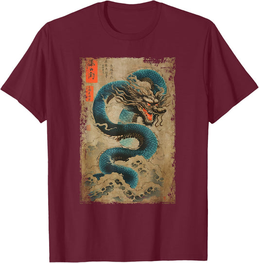 Japanese Dragon and The Great Wave off Kanagawa Woodblock T-Shirt - T-Shirt | Maroon