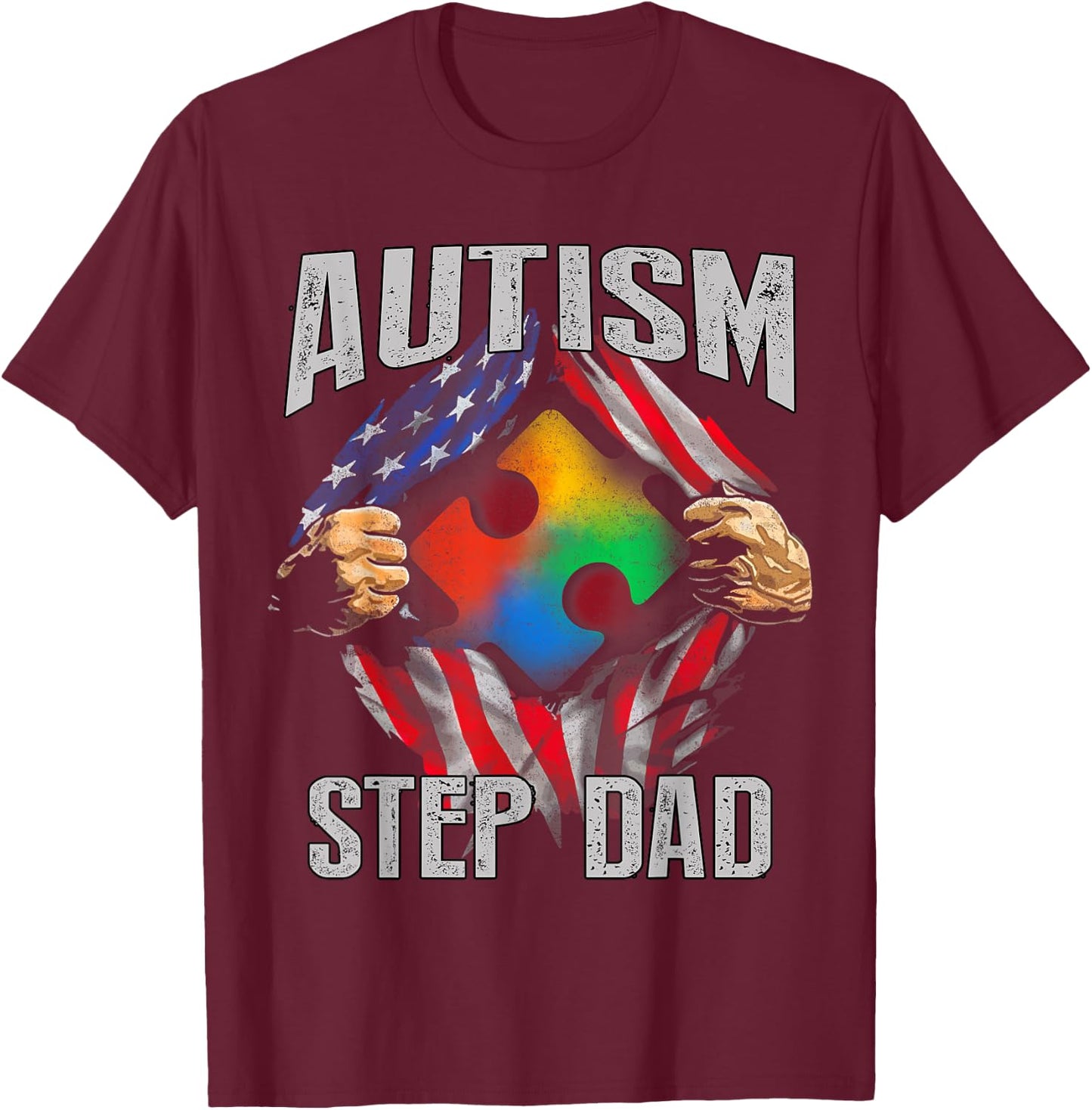 Autism Step Dad American Flag Autism Awareness T-Shirt - T-Shirt | Maroon