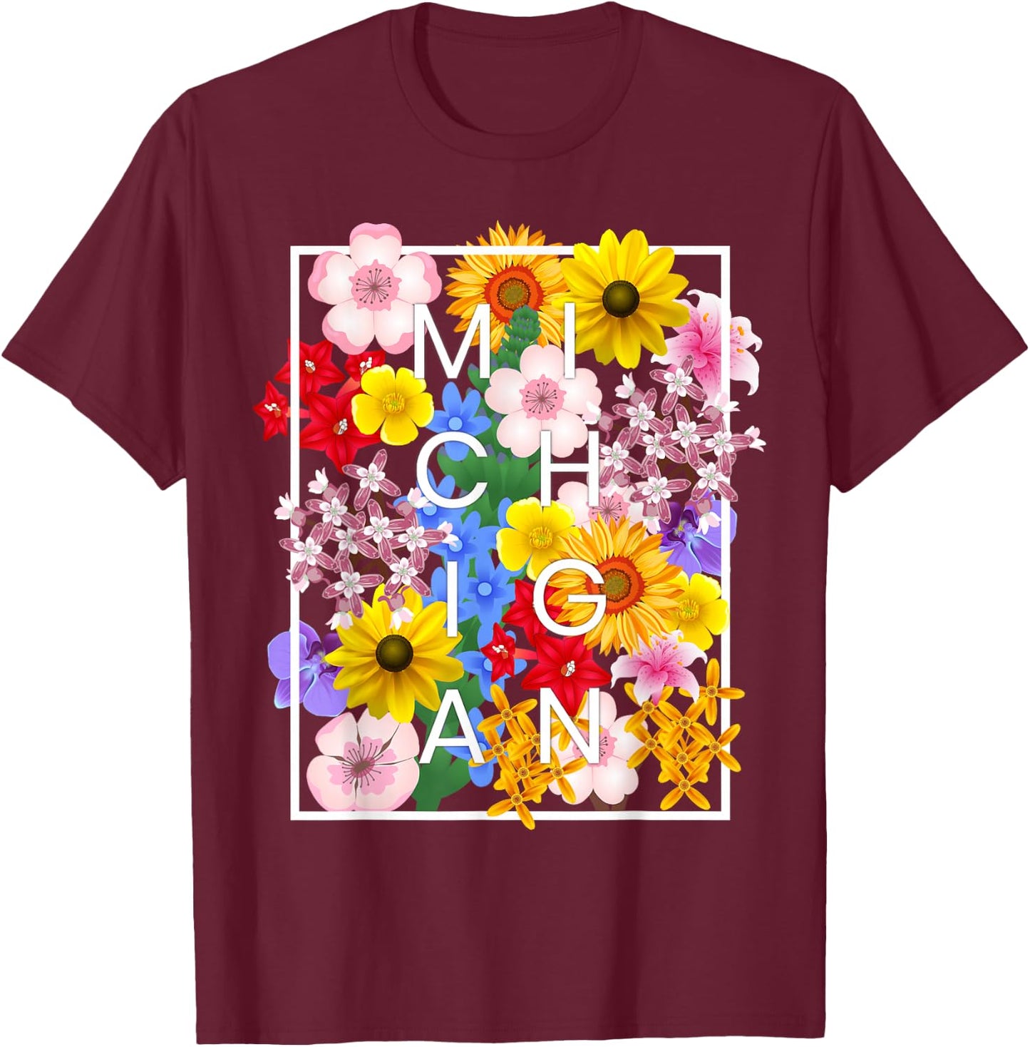 Flowers of Michigan Word Art - Michigander Pride T-Shirt - T-Shirt | Maroon