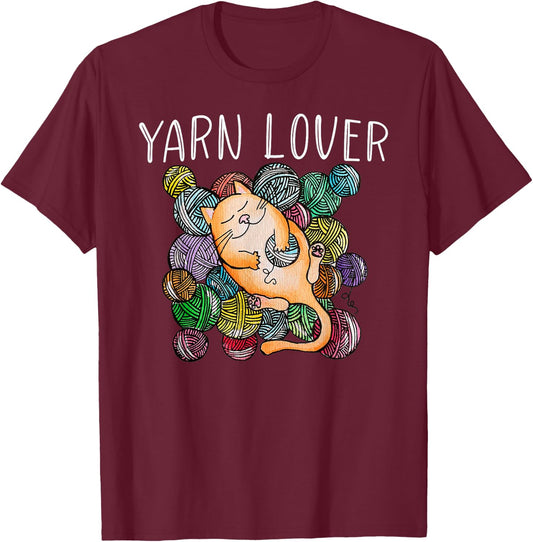 Adorable Knitting and Crochet Happy Cat Yarn Lovers T-Shirt - T-Shirt | Maroon