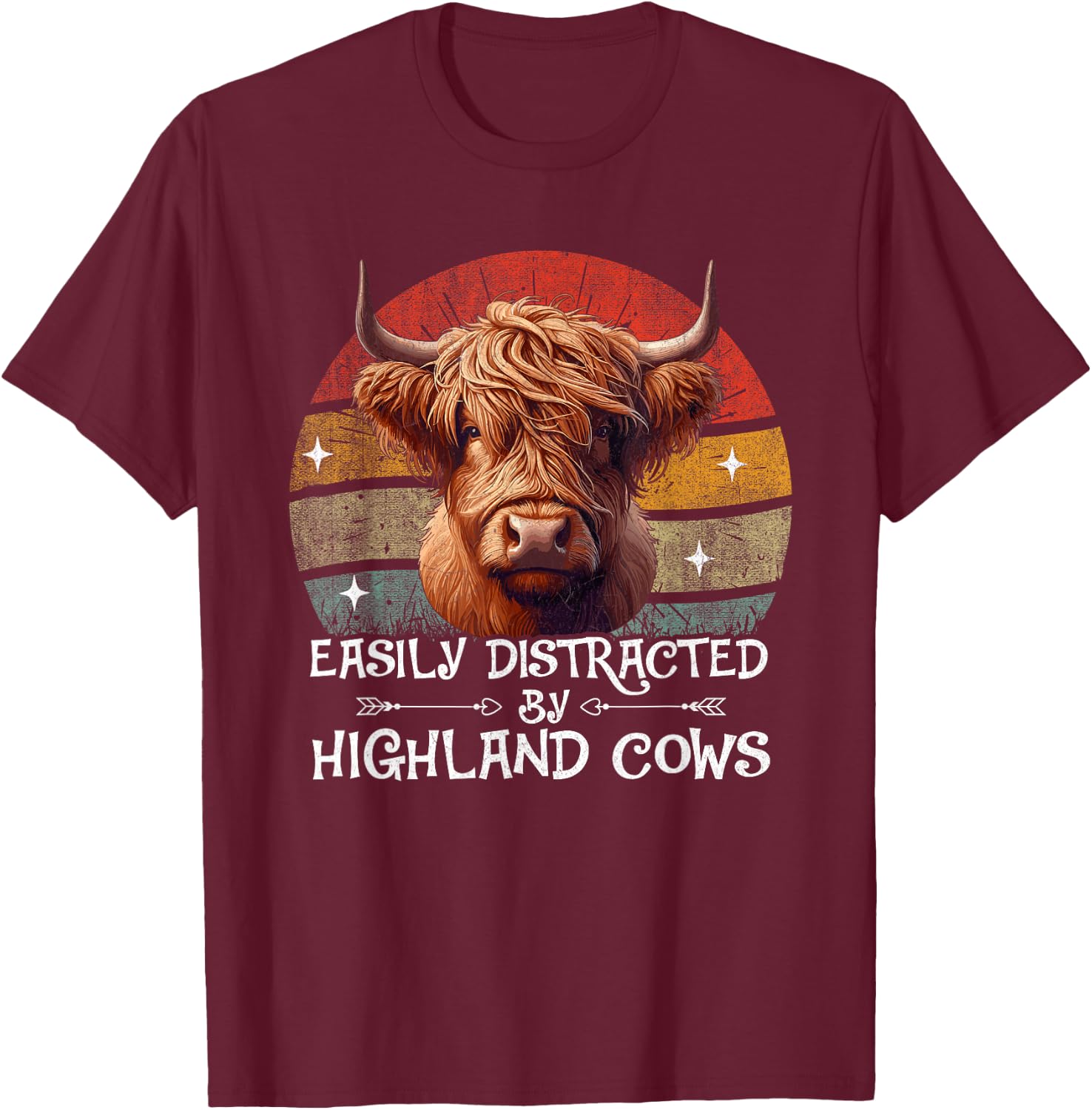 Retro Vintage Farmer | Easily Distracted By Highland Cows T-Shirt - T-Shirt | Maroon