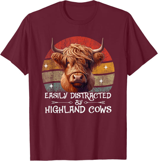 Retro Vintage Farmer | Easily Distracted By Highland Cows T-Shirt - T-Shirt | Maroon