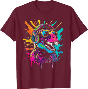 colored dinosaur DJ With Headphones and Sunglasses dino T-Shirt - T-Shirt | Maroon
