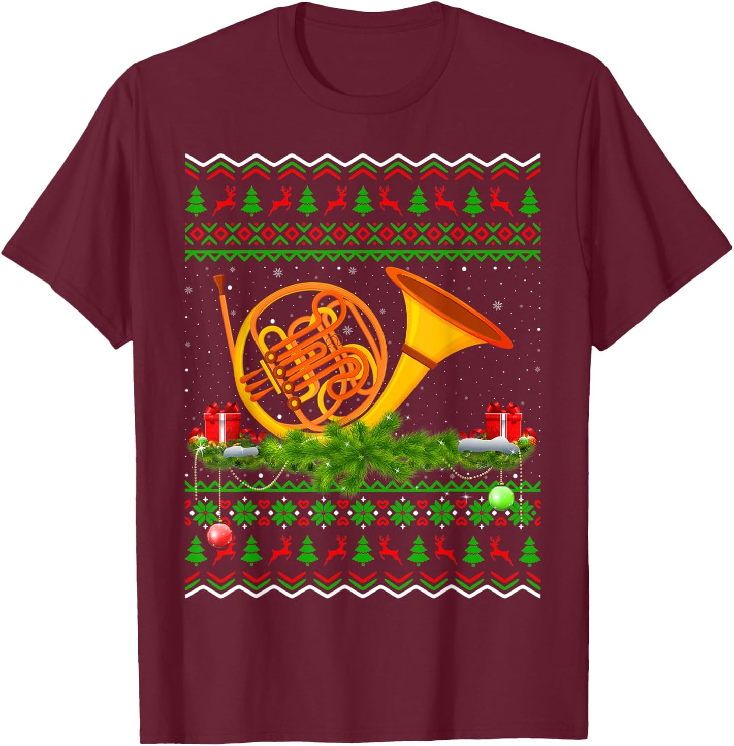 French Horn Music Lover Xmas Gift Ugly French Horn Christmas T-Shirt - T-Shirt | Maroon