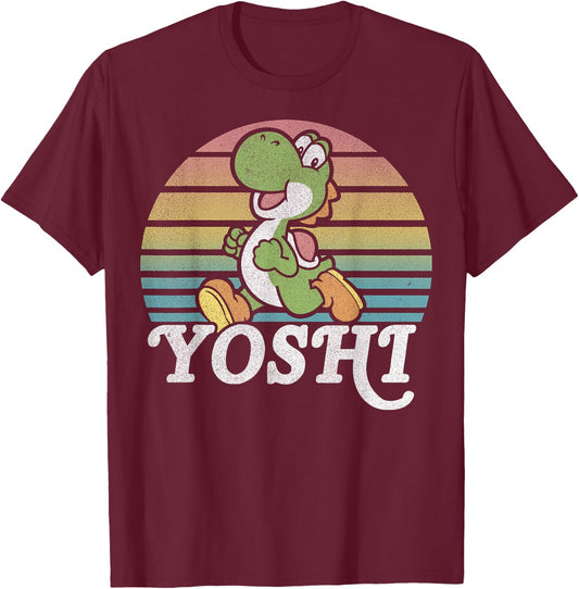 Super Mario Yoshi Retro Line Run Portrait T-Shirt - T-Shirt | Maroon