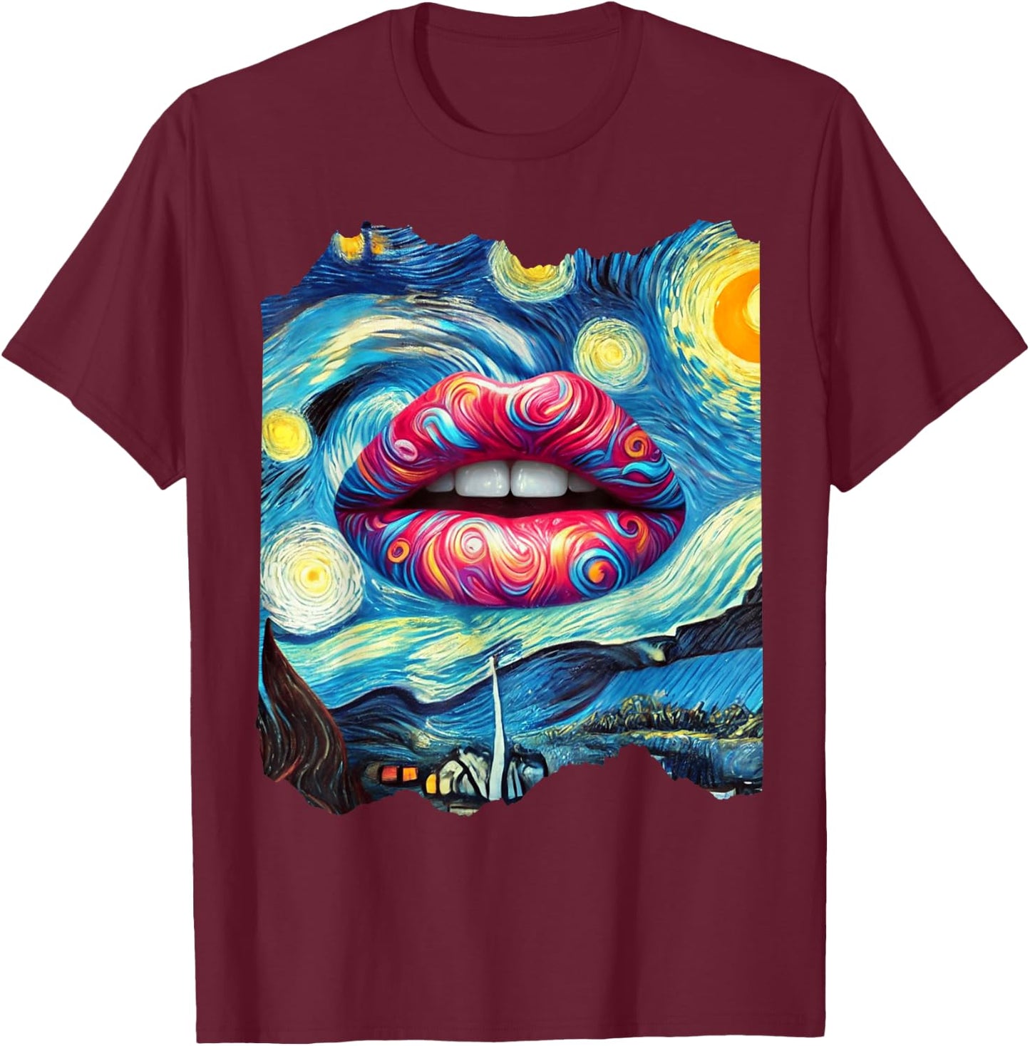 Lips Fashion Van Gogh Art Painting Star Sky Night Lips T-Shirt - T-Shirt | Maroon