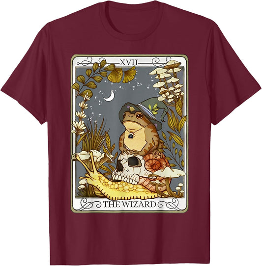 Vintage Cottagecore The Wizard Frog Riding Snail Tarot Card T-Shirt - T-Shirt | Maroon