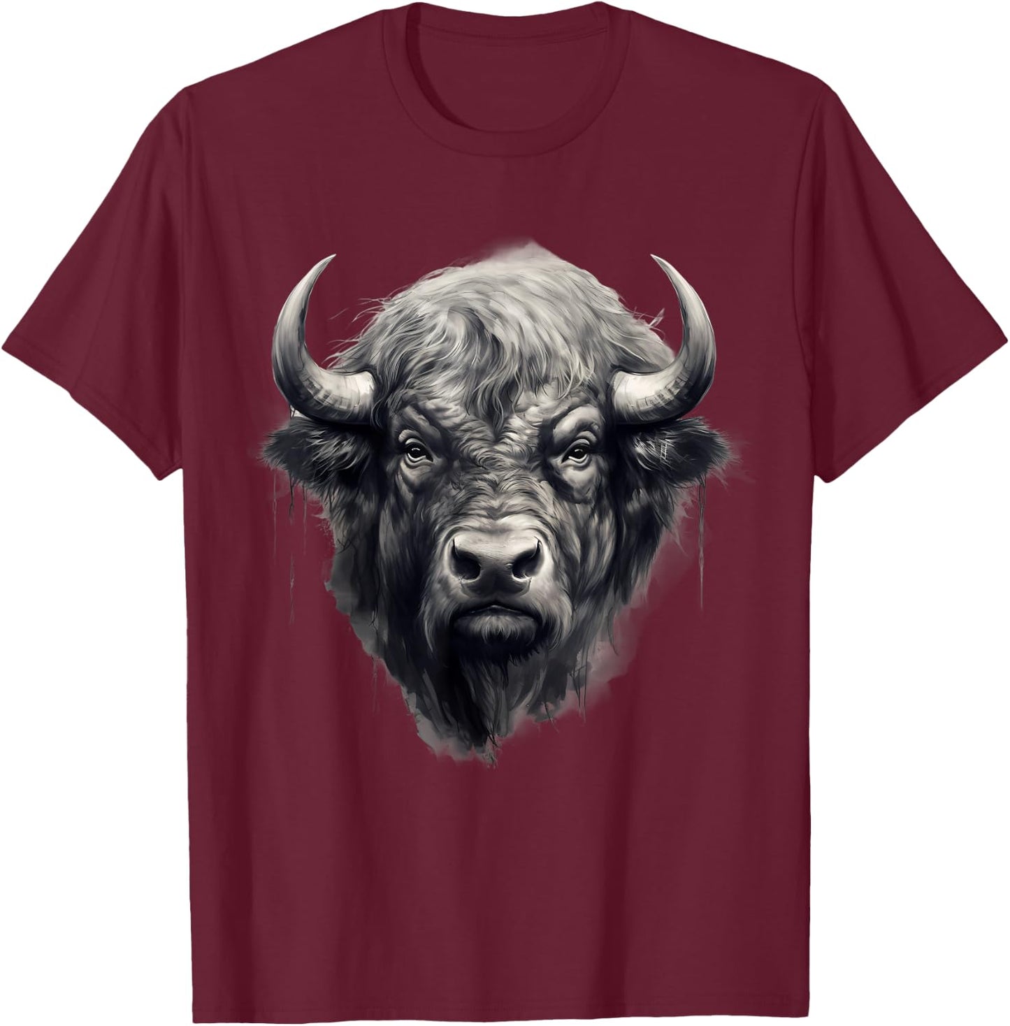Buffalo Drawing Bison Portrait Nature Artwork Animal Print T-Shirt - T-Shirt | Maroon