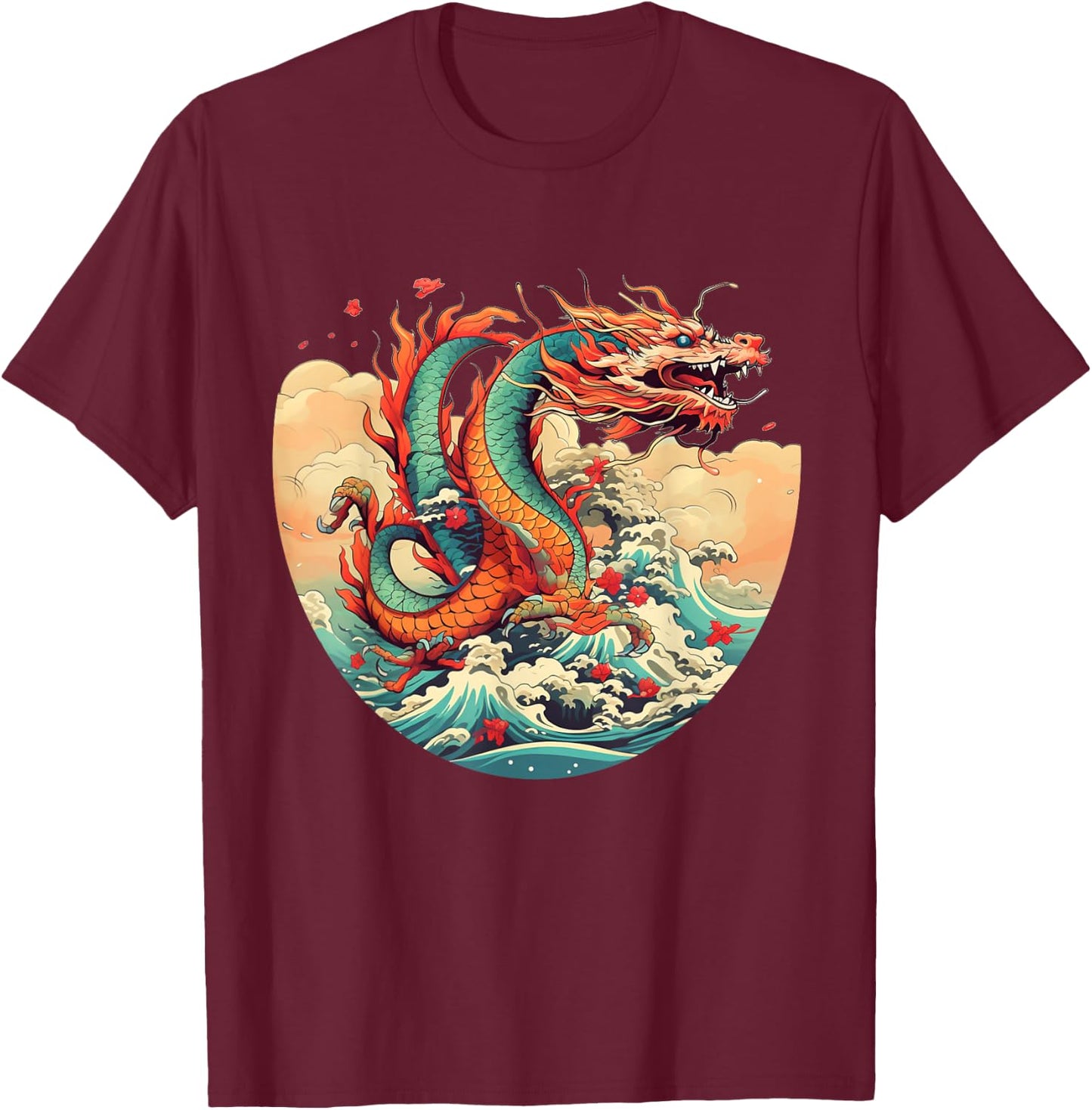 Cool Water Dragons with Sea and Waves T-Shirt - T-Shirt | Maroon