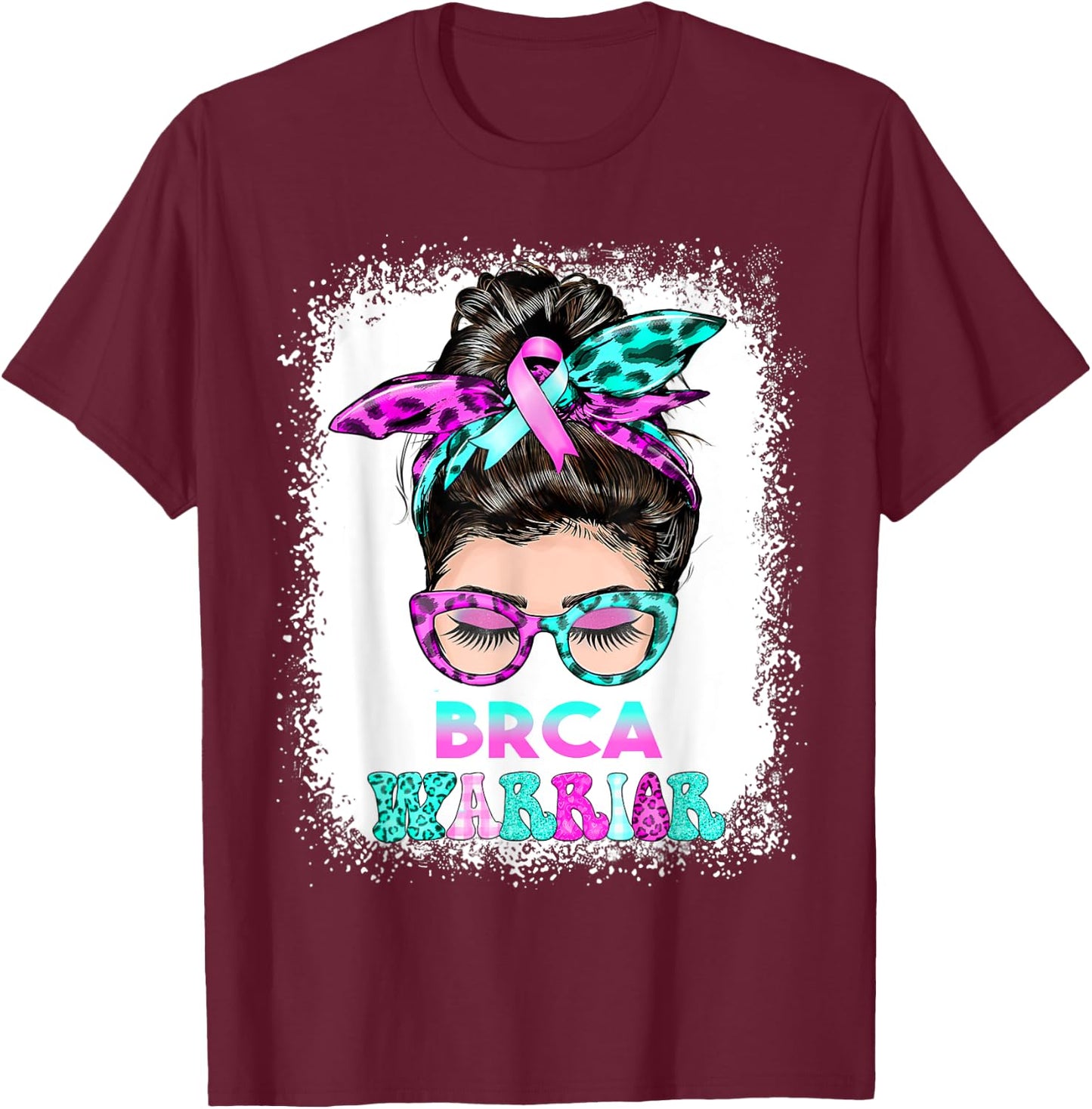 BRCA Warrior, pink-teal Messy Bun Breast Cancer Awareness T-Shirt - T-Shirt | Maroon