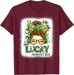 One Lucky Pharmacy Tech Bleached St Patricks Day Women T-Shirt - T-Shirt | Maroon
