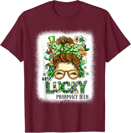 One Lucky Pharmacy Tech Bleached St Patricks Day Women T-Shirt - T-Shirt | Maroon