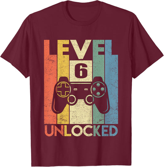 Level 6 Unlocked Shirt Funny Video Gamer 6th Birthday Gift T-Shirt - T-Shirt | Maroon