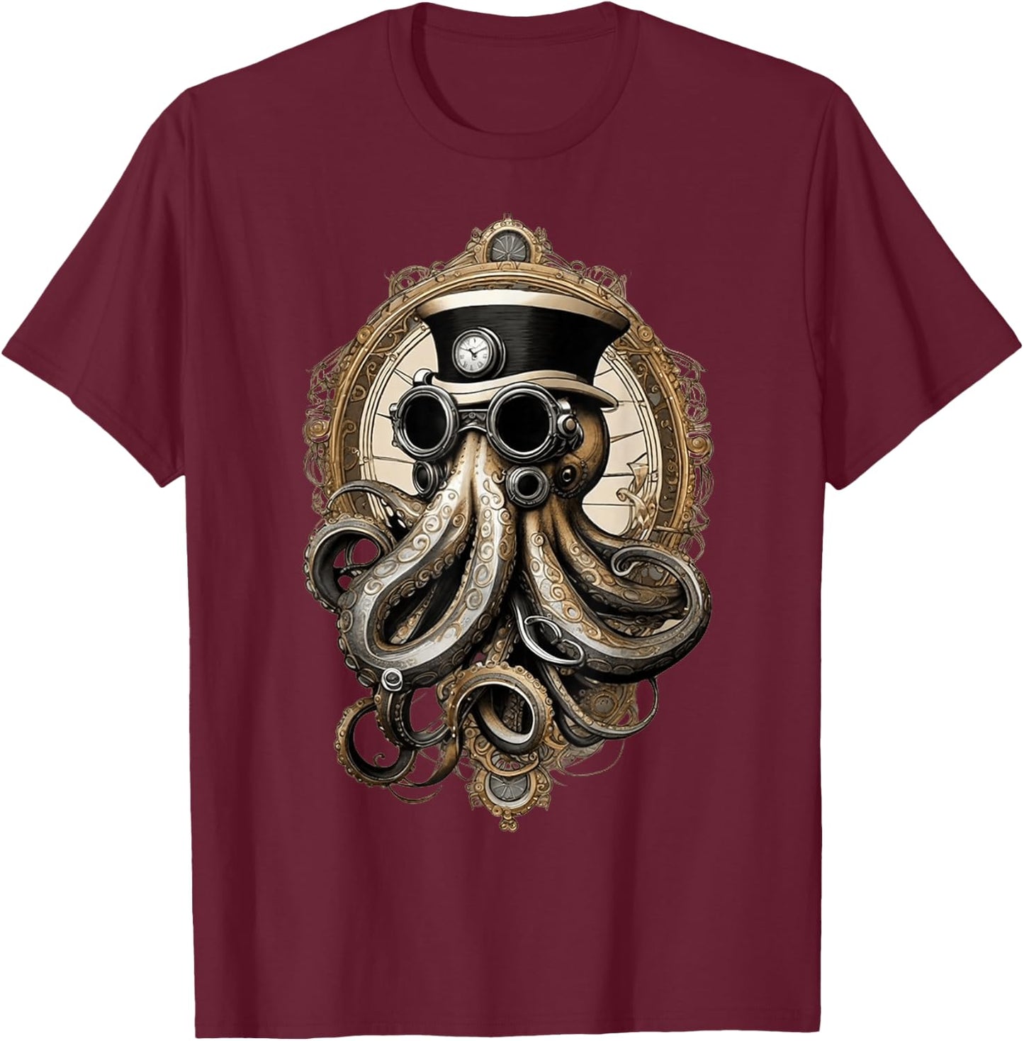 Classic Steampunk Octopus Retro Vintage Funky Fun Graphic T-Shirt - T-Shirt | Maroon