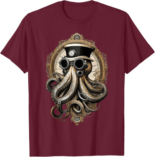 Classic Steampunk Octopus Retro Vintage Funky Fun Graphic T-Shirt - T-Shirt | Maroon