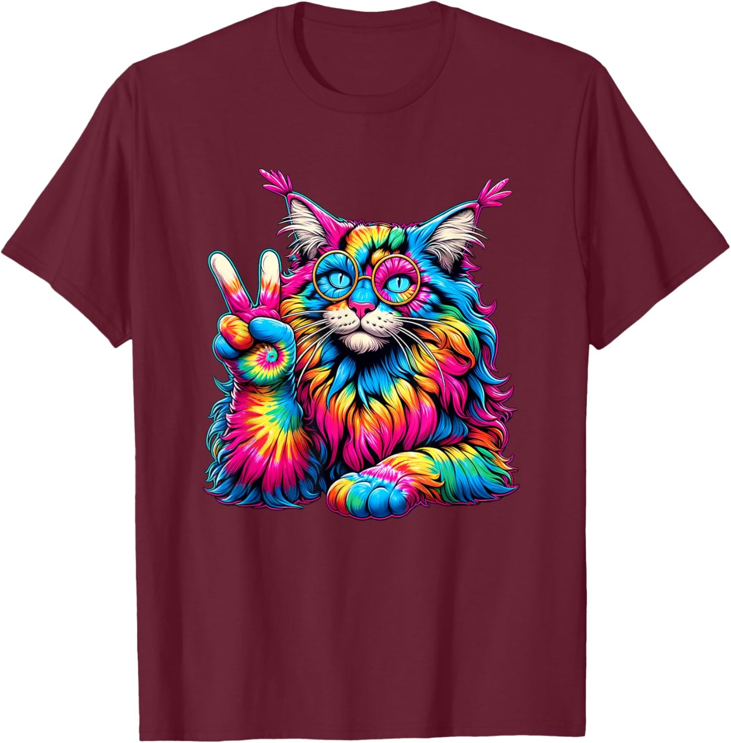 Peace Sign Tie Dye Maine Coon Cat Men Women Kids T-Shirt - T-Shirt | Maroon