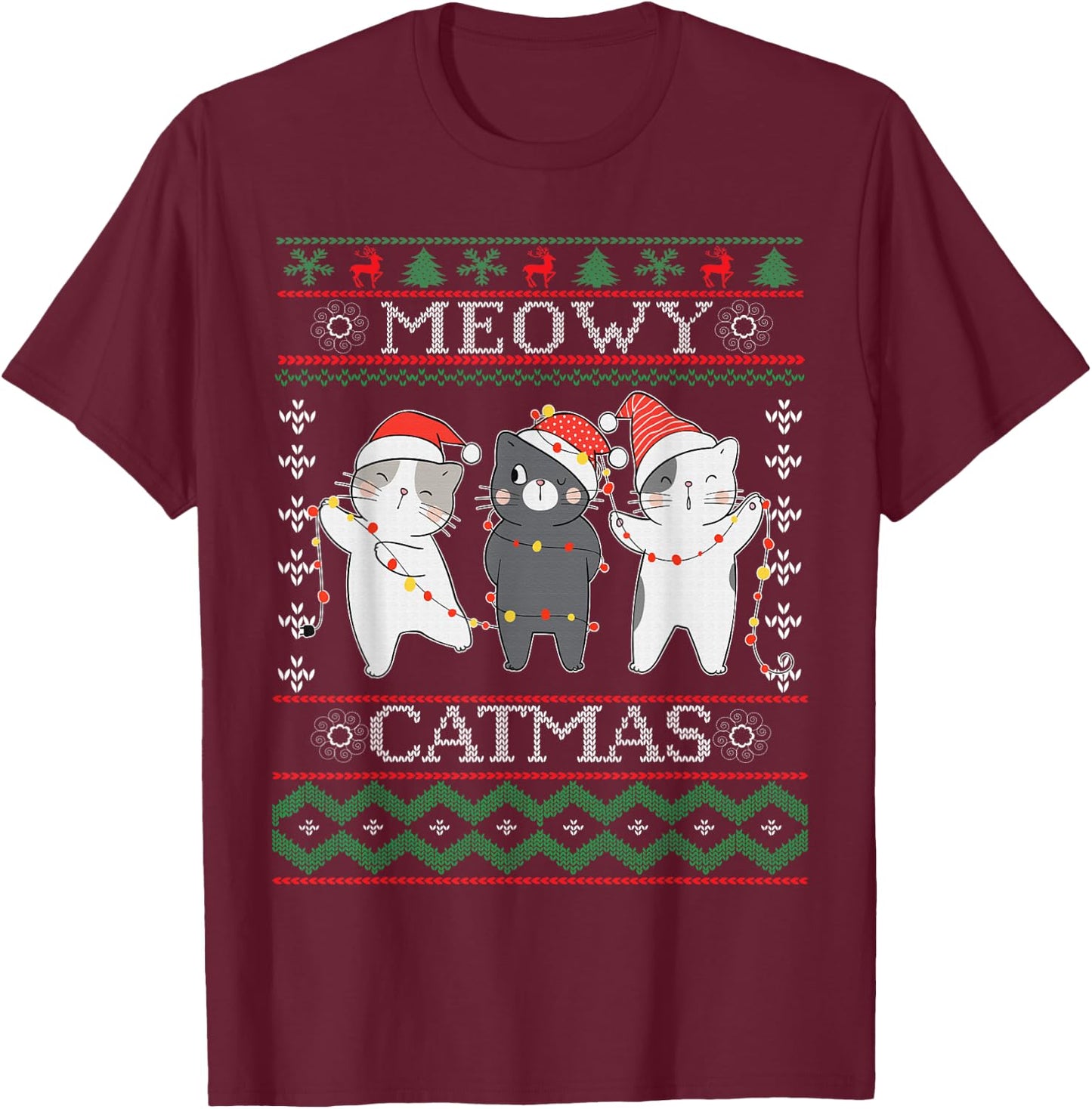 Funny Christmas Cat Matching Family Pajamas Meowy Catmas T-Shirt - T-Shirt | Maroon