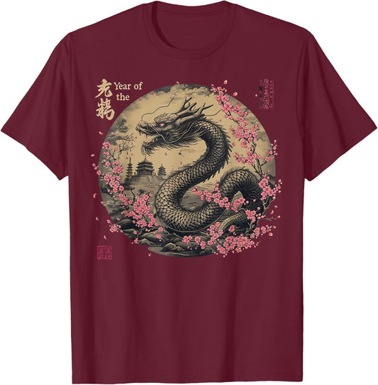 Red Chinese Cherry Blossom New Year 2024 Year of the Dragon T-Shirt - T-Shirt | Maroon